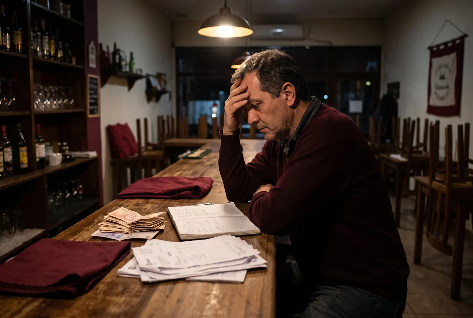 Un dueño de restaurante a la noche, con la mano en la frente, frente a billetes, tickets y un cuaderno.