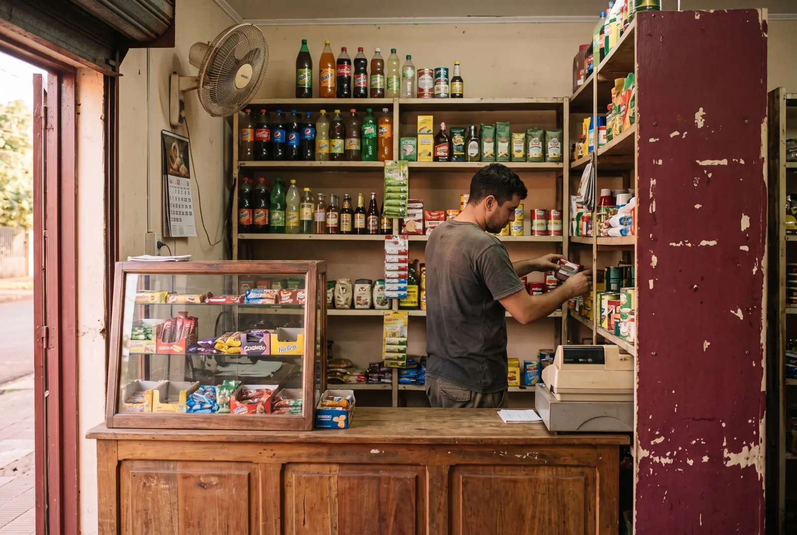 Un kiosco de barrio con estantes de bebidas y golosinas, y el dueño acomodando mercadería.