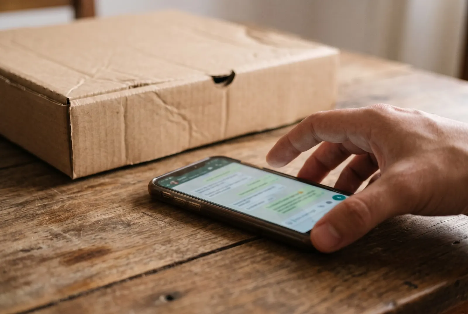 Una mano sobre un celular con una charla de WhatsApp, al lado de una caja de cartón.