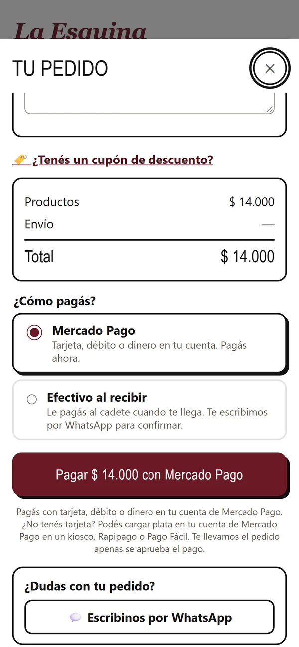 El pedido en el celular: productos, total y la forma de pago con Mercado Pago o efectivo al recibir.