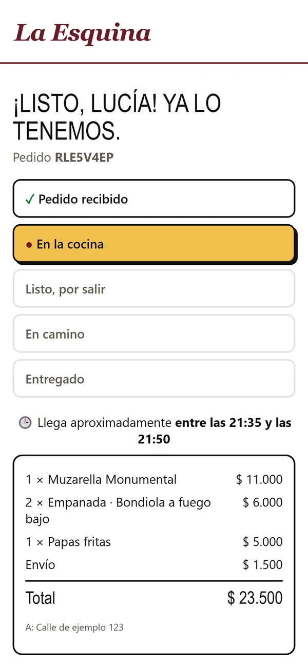 El seguimiento del pedido: recibido, en la cocina, y la hora aproximada de llegada.