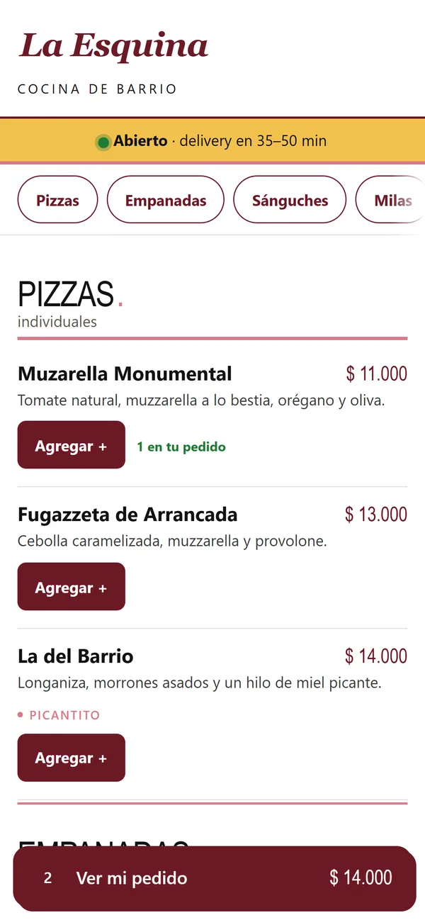 La misma tienda en el celular, con dos productos en el pedido y el botón Ver mi pedido.