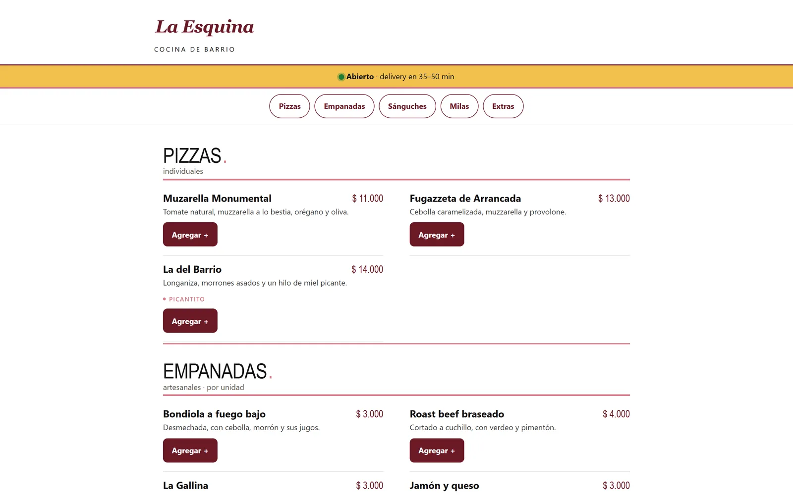La tienda online de un local de ejemplo en la compu: el nombre del local, abierto con delivery en 35 a 50 minutos, las categorías y las pizzas con su precio y el botón Agregar.