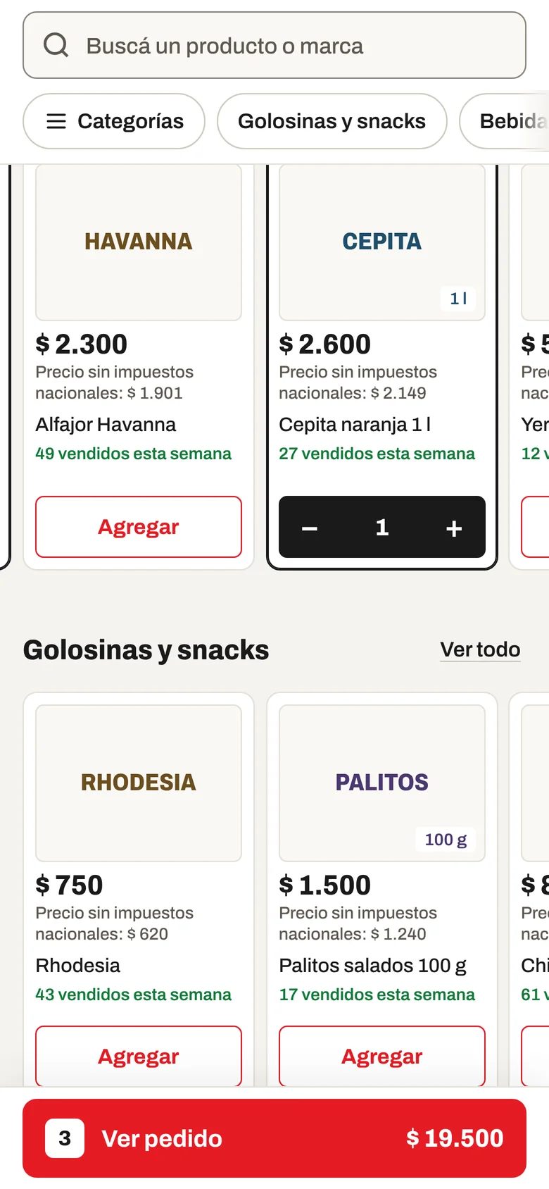 Productos de la tienda con precio, precio sin impuestos nacionales y cantidad vendida esta semana, y el botón Ver pedido con 3 productos por 19.500 pesos.