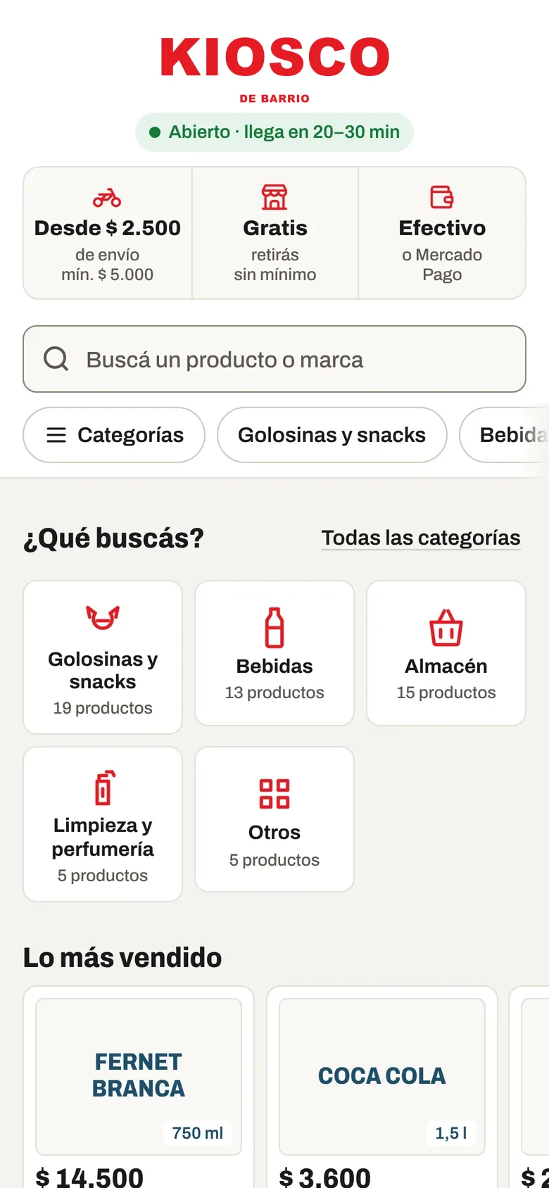 Tienda online del kiosco en el celular: abierto, llega en 20 a 30 minutos, envío desde 2.500 pesos, retiro gratis, efectivo o Mercado Pago, y categorías.